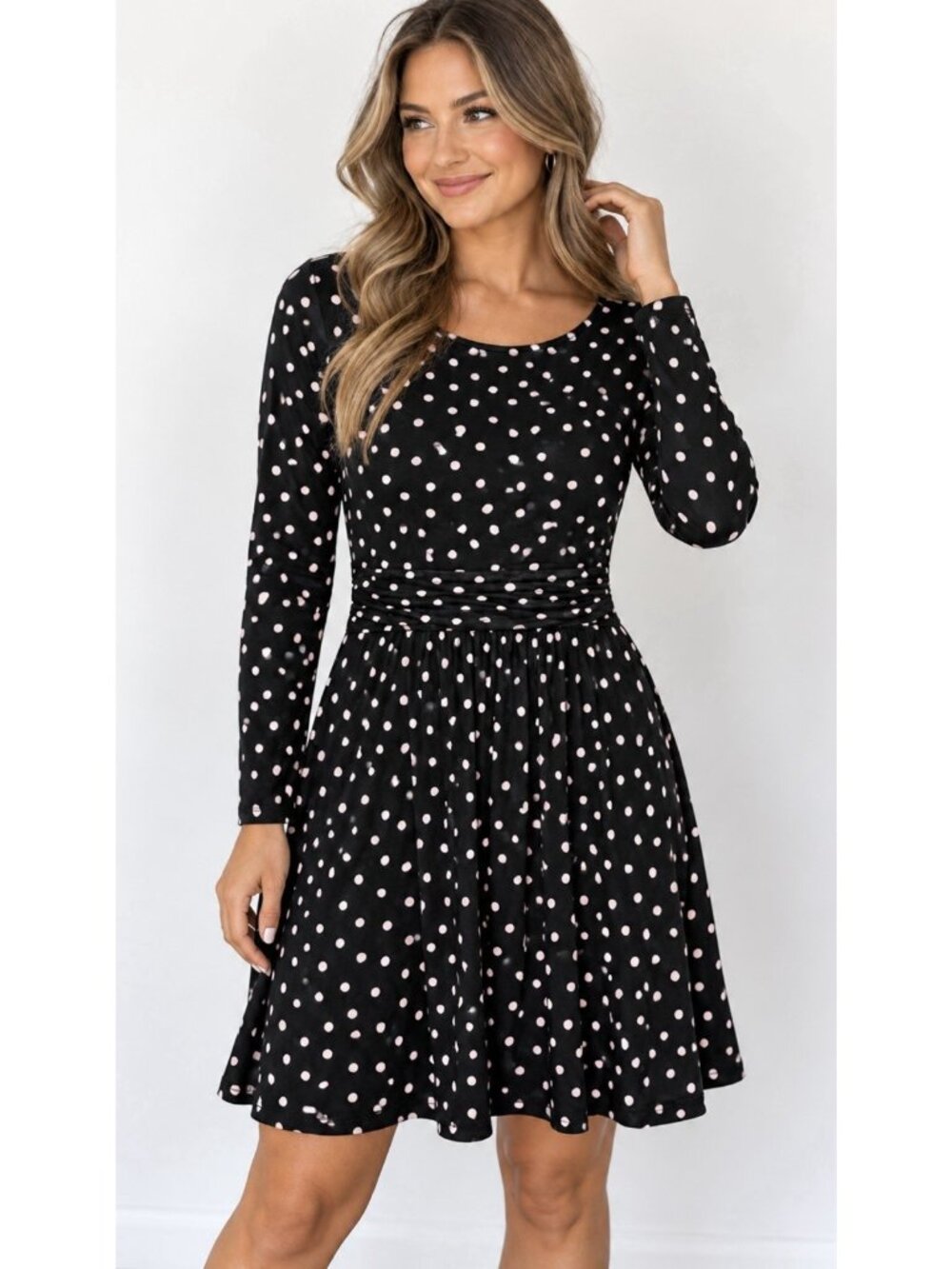 BODEN Abigail Stretch Jersey Knit Dress Size 10P Black Long Sleeve Polka Dot